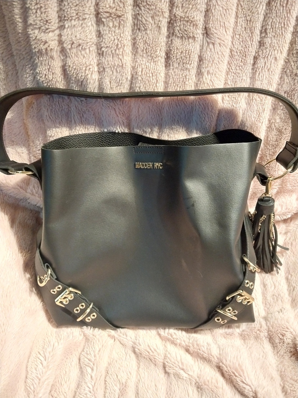 Steve Madden Black Leather Shoulder Tote with Tassel